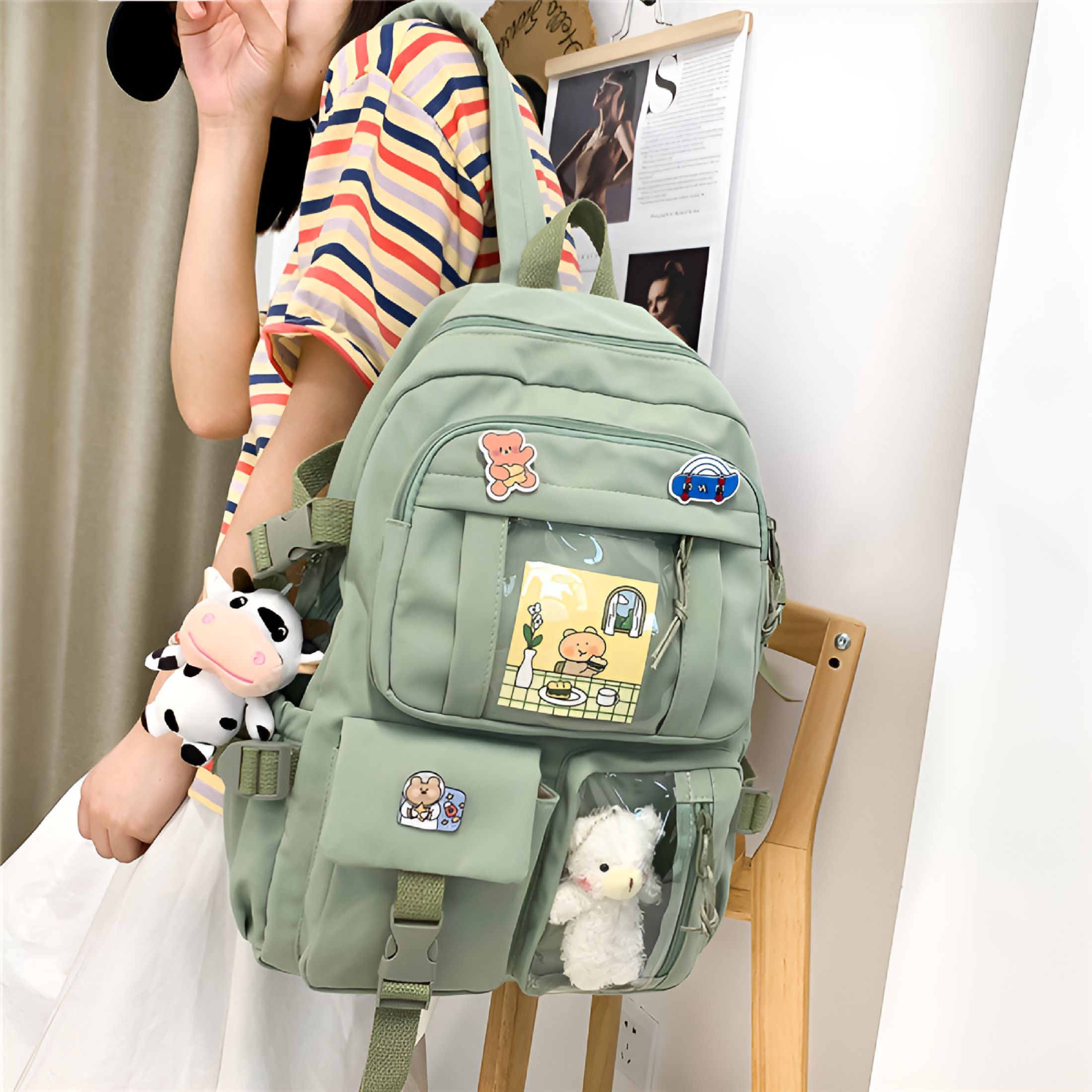 GASTROPOD 2026 New Kawaii Cute Bear Backpack with Cow Pendant & Pins - Back to School Supplies Student Animal Japanese Anime Bag Daypack for School, Travel, Outing, Casual Use