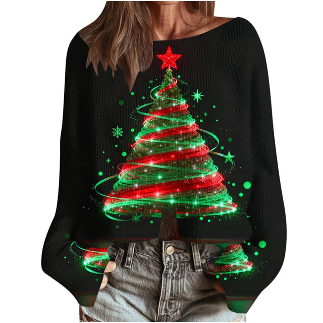 RXMEKW Chandail en Tricot Graphique de Noël pour Femmes à Manches Longues, Chandail Décontracté à Col Rond, Rouge