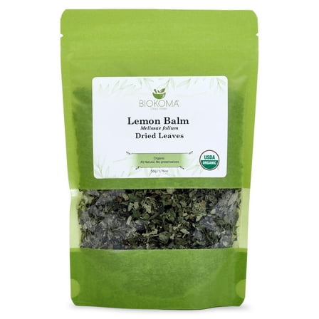 Biokoma Pure and Organic Lemon Balm (Melissae folium) Dried Leaves 50g (1.76oz) In Resealable Moisture Proof Pouch, USDA Certified Organic - Herbal Tea, No Additives, No Preservatives, No GMO, Kosher