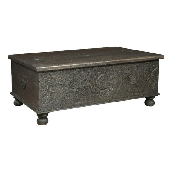 Pemberly Row Floral Carved Solid Wood Storage Coffee Table in Black
