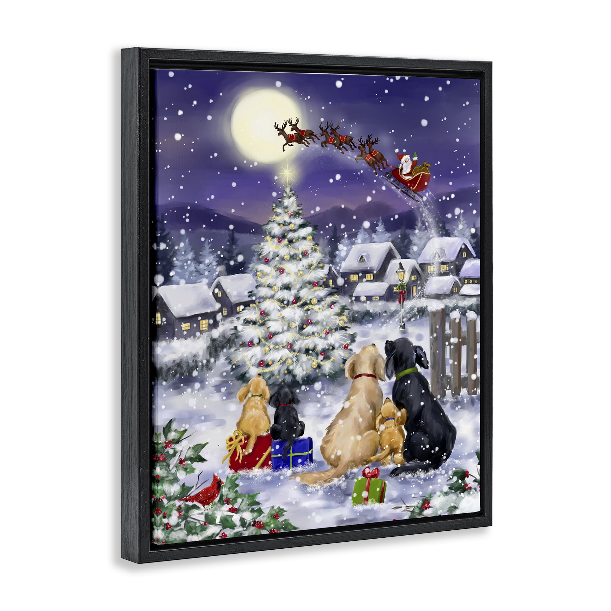 Stupell Industries Dogs Watching Sleigh Holiday Painting Black Floater Framed Art Print Wall Art, 17 x 21