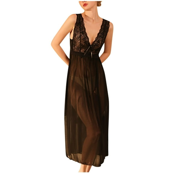 Samickarr Nightgowns For Women Sleeveless Deep V Neck Sexy Mesh Lace See-Through Solid Color Loose Long Nightdress Pajamas