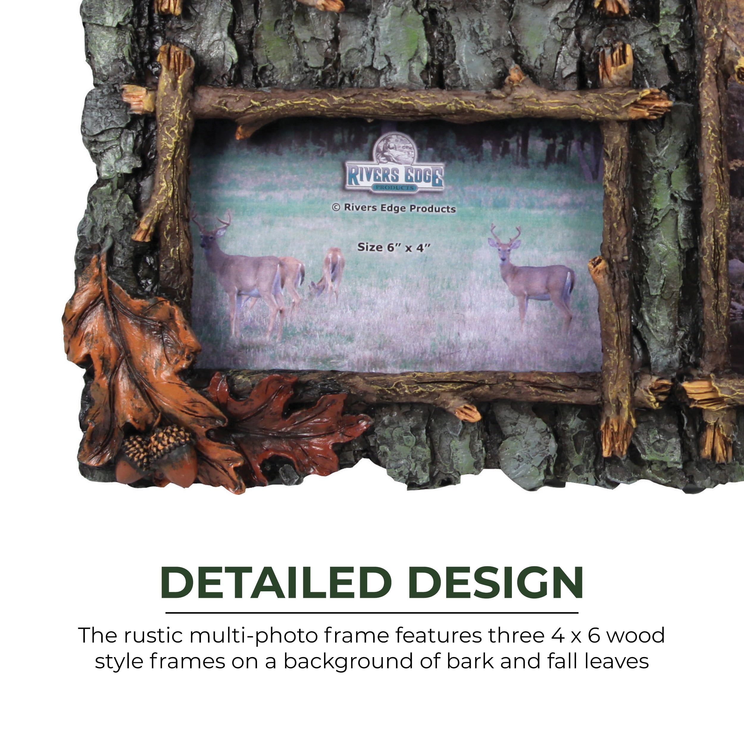 Rivers Edge Products 15.25 in x 13.5 in Multi Photo Frame for Three 4x6 Photos, Rustic Poly Resin Deer Picture Frame, Wall Hanging or Tabletop, Includes Glass Insert, 3-Picture Deer