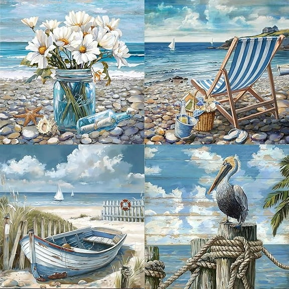 Diamond Painting Kits - 4 Pack 5D Diamond Art Kits for Adults Flower Ocean Theme Blue Gem Art for Adults & Beginners - Full Drill Home Wall Decor Gifts (12x16inch)