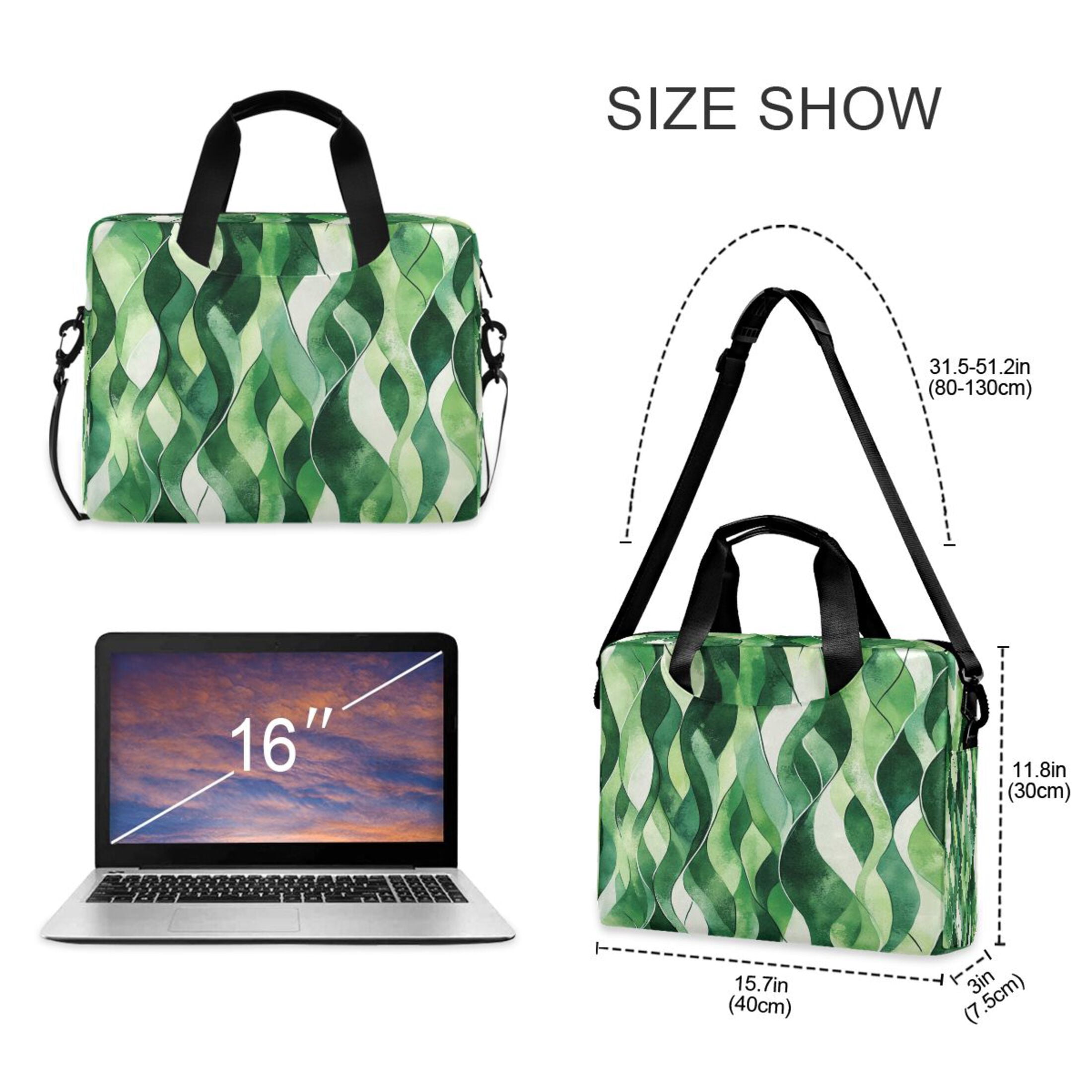 16" Laptop Tote Bag Laptop Sleeve Case Computer Briefcase for Work & Travel Watercolor Green Wavy Lines