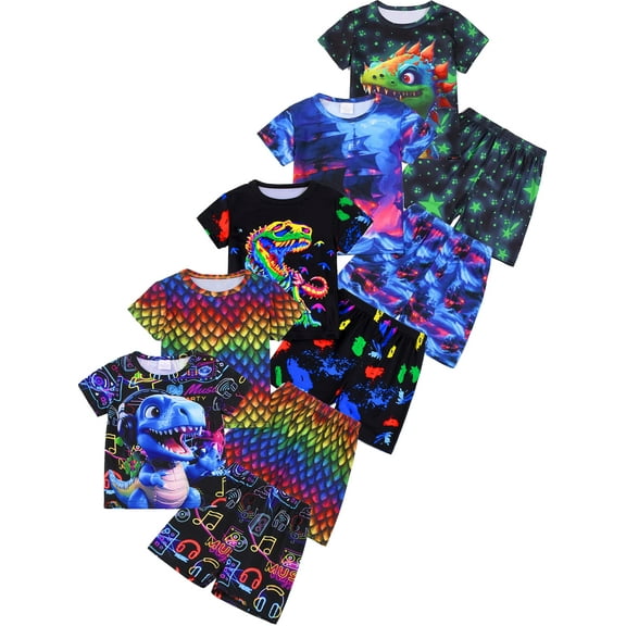 WIBACKER 3-12Y Boys 2-Piece Pajamas 3D Dinosaur Printed Short Sleeve Cool Summer PJ Set Kids Sleepwear