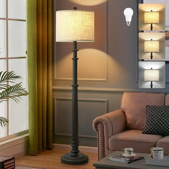NATYSWAN Floor Lamps for Bedroom,3-Way Dimmable Black Standing Lamps with White Linen Shade,60" Vintage Tall Pole Light for Reading, Bedroom,Bulb Included