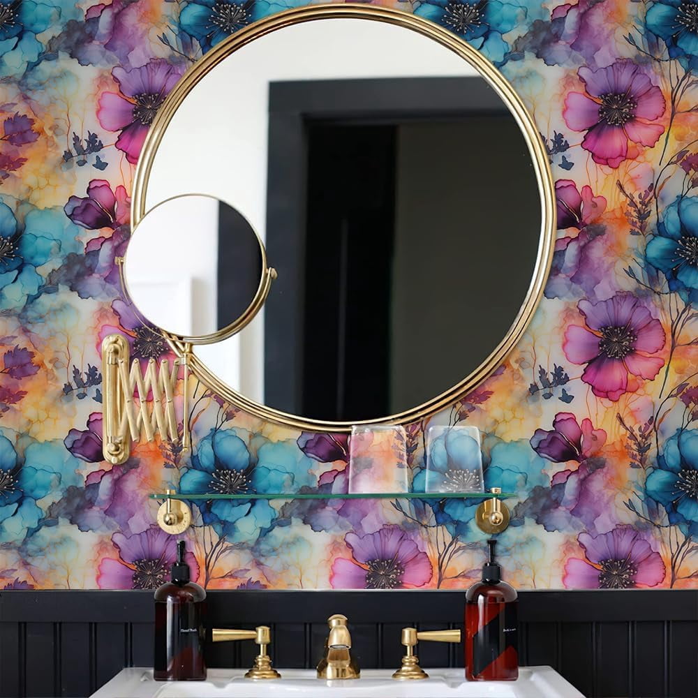 Pink Blue Watercolor Abstract Modern Flowers Peel and Stick Wallpaper Contact Paper Vintage Vinyl Stick on Wall Paper for Bedroom Bathroom Kitchen Cabinet Renter Friendly