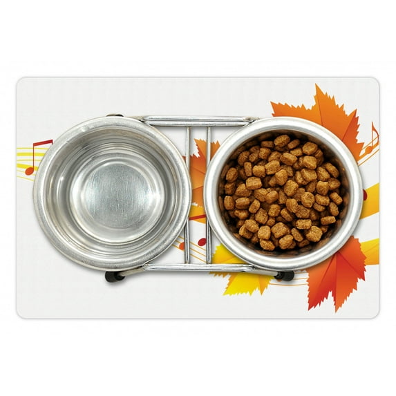 Fall Pet Mat for Food and Water, Dried Autumn Leaves with Musical Notes Harmony and Inspiration Theme, Non-Slip Rubber Mat for Dogs and Cats, 18" X 12", by Ambesonne