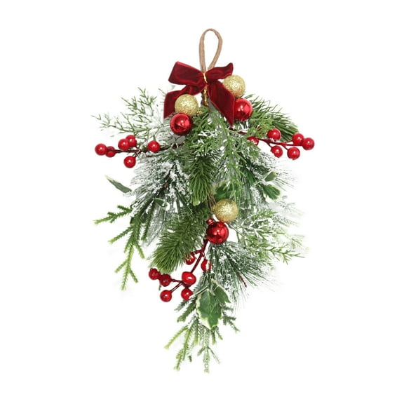FEISHENTT Christmas Swag Decorative Teardrop Swag Handmade Christmas Wreath with Bowknot, Red Berries and Balls
