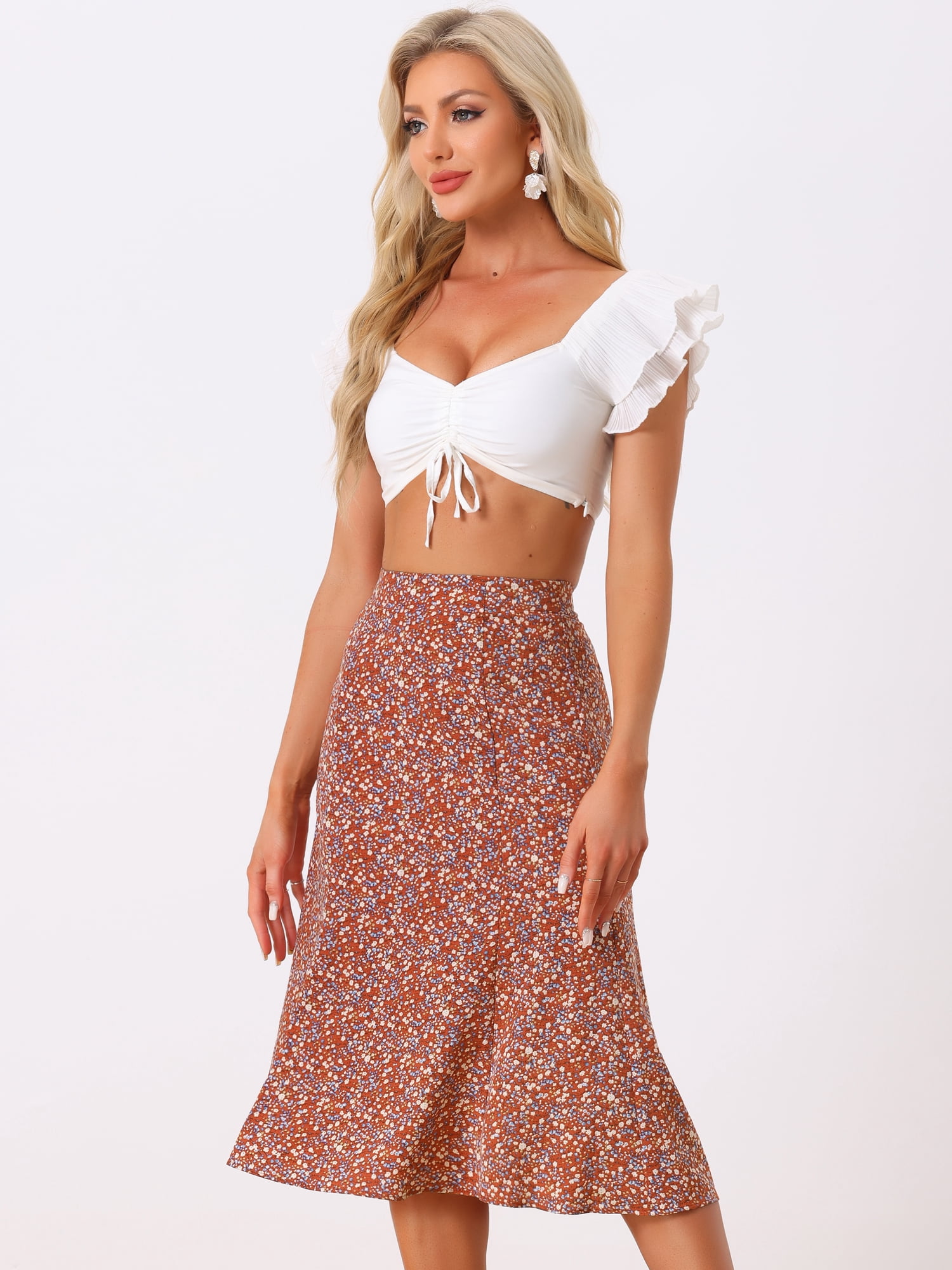 DARING DIVA Women's Elastic Waist A-Line Floral Print Midi Skirt XS Red