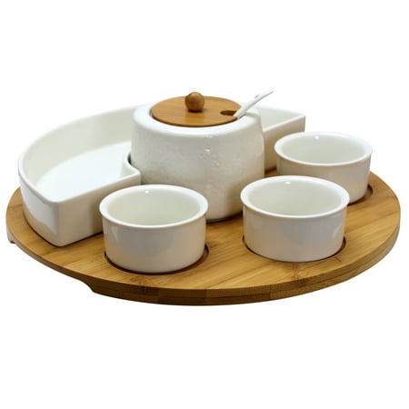 Elama Signature 8 Piece Appetizer Serving Set with 4 Serving Dishes, Center Condiment Server, Spoon, and Bamboo Serving