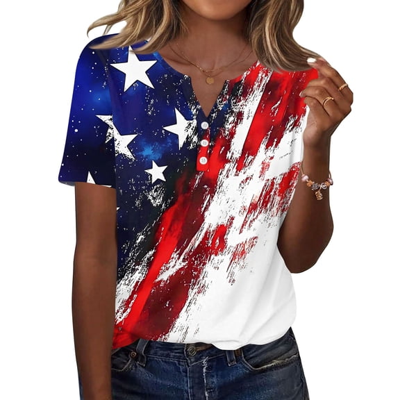 250 Anniversary Usa Shirt Women Stars Striped American Flag Print V Neck Henley Tops Patriotic 4th Of July T-Shirt
