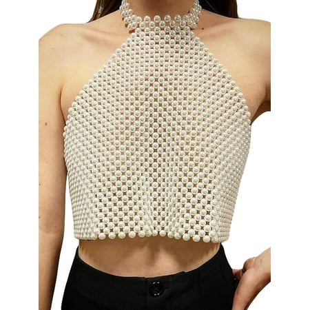 Women s Pearl Vest Solid Color Sleeveless Halter Neck Backless Crop Tank Tops Jewelry Camisole