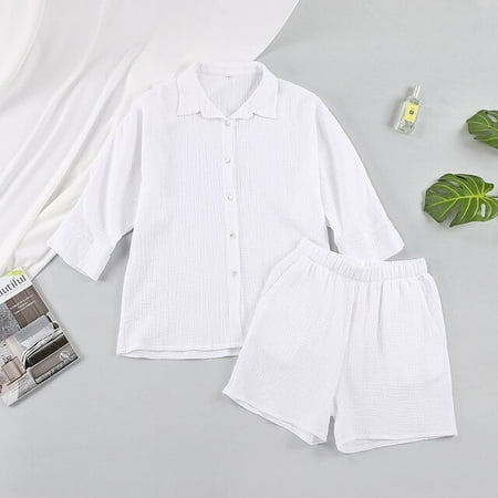 

CoCopeaunt Womens thin pajamas cotton pink nine-quarter sleeve shorts suit cotton casual can be worn outside the home wear