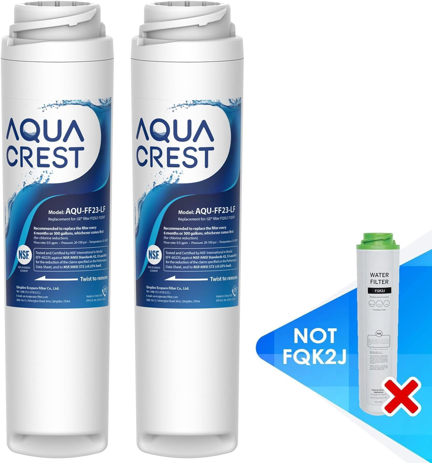 AQUA CREST FQSLF, FQSVF Under Sink Water Filter, NSF/ANSI 401 Certified, Replacement for GE FQSLF, FQSVF, FQSVN, FQROPF, Compatible with GE GXSV65R, PXRQ15F, PNRQ15F, Reduces PFAS, PFOA/PFOS, 2 Pack