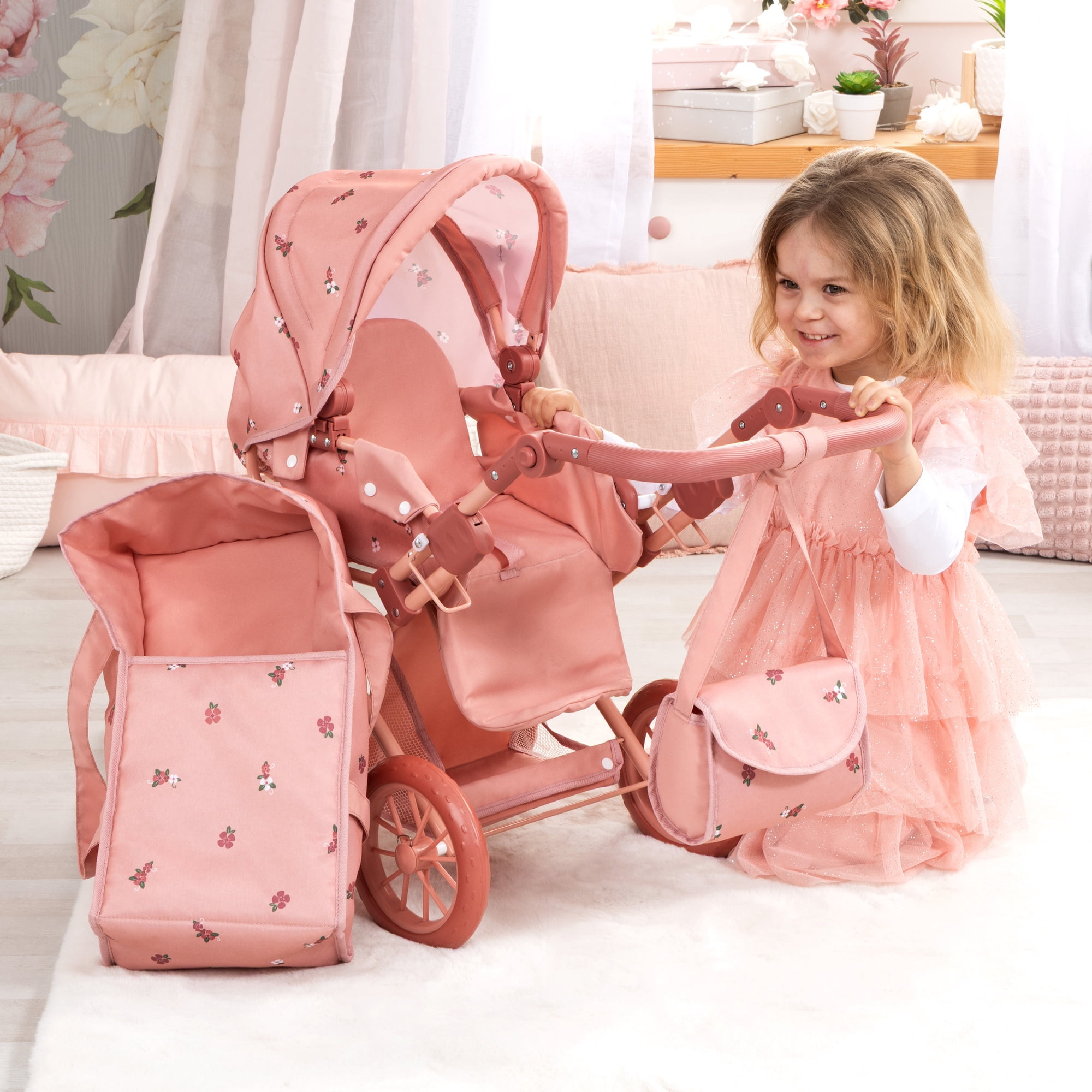 Bayer Design: Doll Pram City Star - Pink & Flowers - 2-In-1 Adjustable Pushchair & Stroller, Removable Carrycot, Handbag, Toy Fits 18" Dolls, Kids 3+
