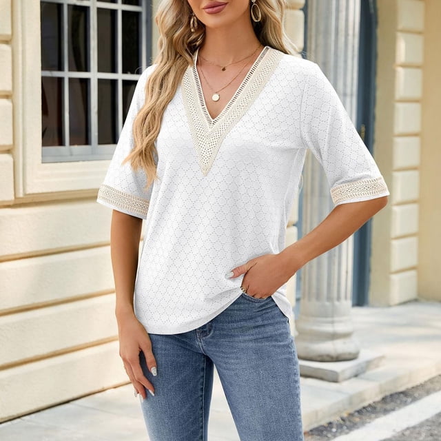 Blouses pour Femmes Mode Décontractée Couleur Unie Manches Courtes Col en V Blouses Chemises