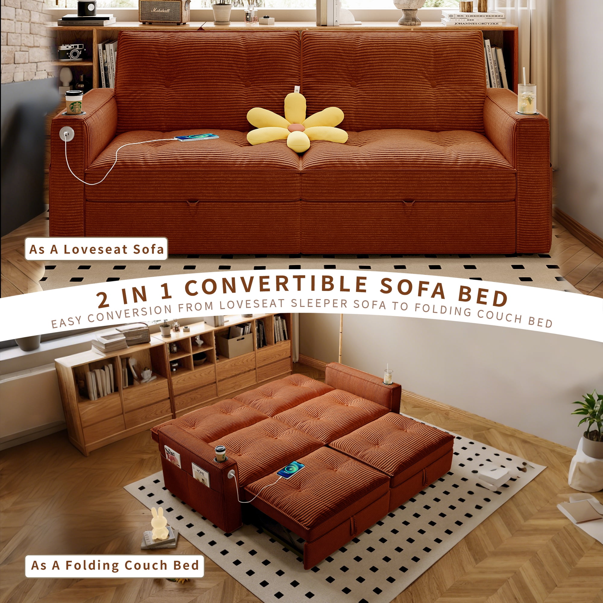 LLappuil 73" Pull Out Sofa Bed Queen Size, Loveseat Sofa Convertible Sleeper Sofa Bed, Corduroy Sofa Couch for Living Room Orange