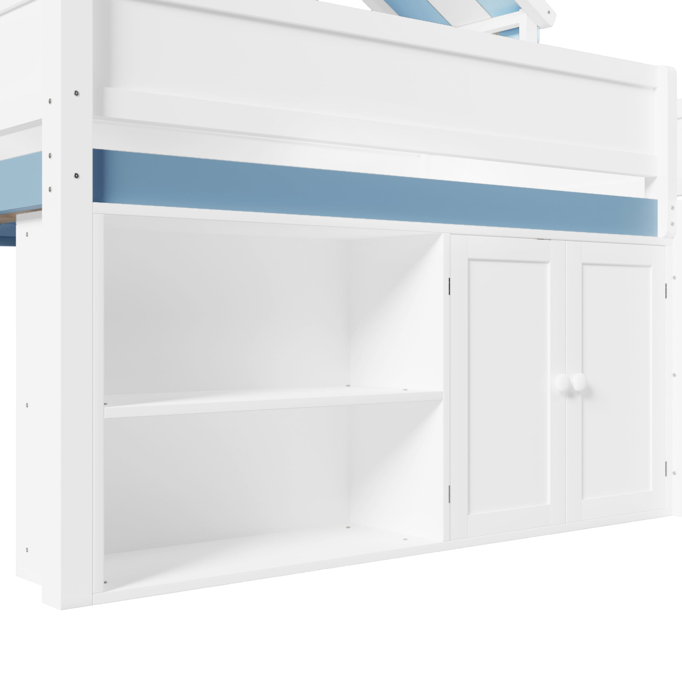 Noble House Devon Full Size Loft Bed, Playhouse Canopy Roof with Storage Cabinet and Shelves, White and Blue
