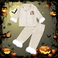 thumbnail image 2 of Krdevn Kids Beanie Ghost Halloween Pajama Set Long Sleeve Lapel Button Top and Pants Black Fluff Sleepwear 2 Piece Pjs 6-7 Years,White, 2 of 5