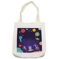 thumbnail image 1 of Alien Tote Bag, Outer Space Themed Cartoon Astronaut Traveling Galaxies Stars Rocket Spaceship, Cloth Linen Reusable Bag for Shopping Books Beach and More, 16.5" X 14", Cream, by Ambesonne, 1 of 2