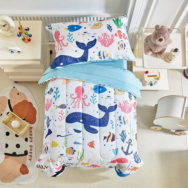 Juego de ropa de cama para niños pequeños Joyreap Ocean Theme, blanco, 4 piezas
