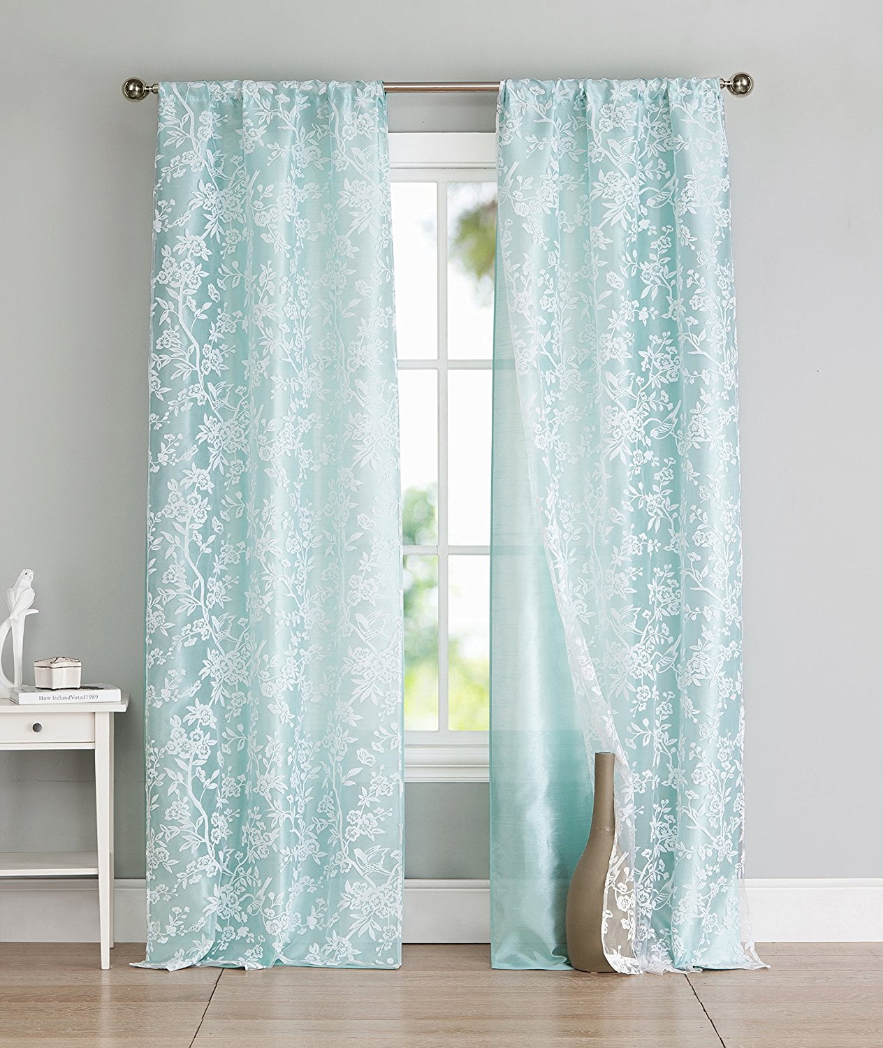 Set of Two (2) Spa Blue and White Cotton Blend Window Curtain Panels Bird and Tree Branch