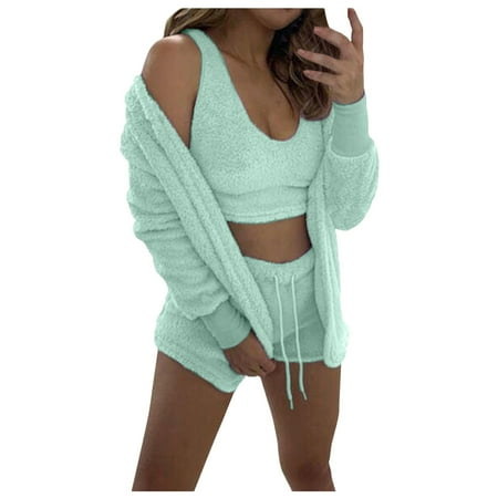 

Women Winter Fashion Warm Three Pieces Suit Soft Warm Flannel Shorts Pajamas Set Cute Cat Beard Hooded Sleepwear Female Chemise Nightie Nightwear