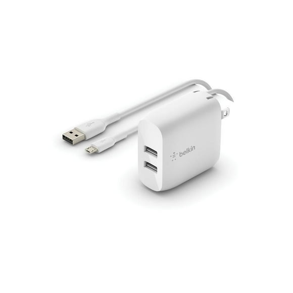 Belkin 24W Dual Port USB Wall Charger - Micro USB Cable Included - iPhone Charger Fast Charging - USB Charger Block for Power Bank, Portable Speakers, Wireless Headphones, Smartphones, and more