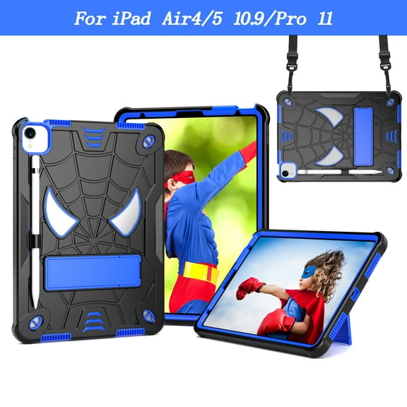 ELEHOLD Kids Case for iPad Pro 11" 2022/2021/2020/2018/iPad Air 5/Air 4 10.9", Heavy Duty Rugged Cover with Foldable Kickstand Crossbody Shoulder Strap Pencil Holder Shockproof Case,Black Blue