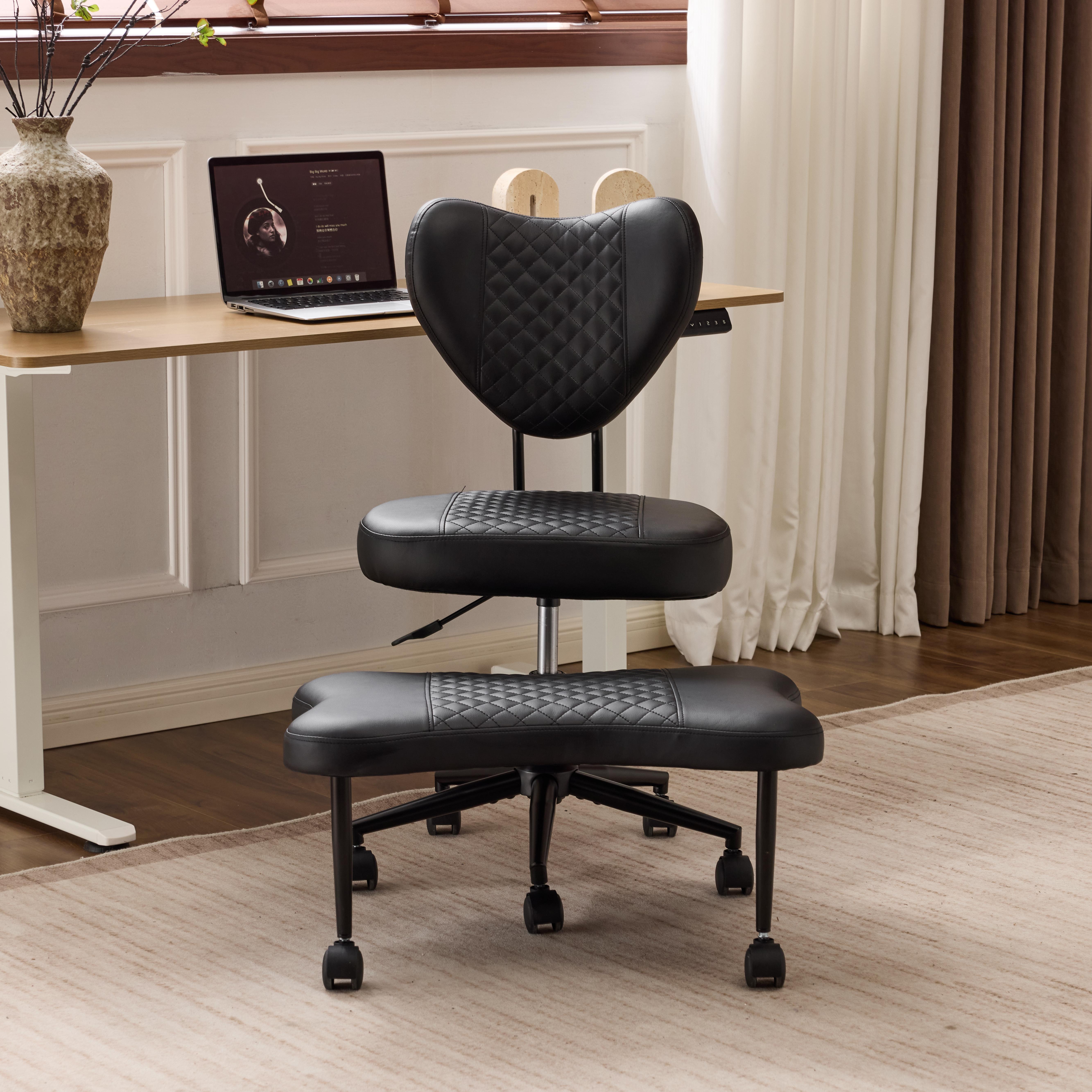 Meditation Chair, Ergonomic Cross Legged Seating Chair with Lumbar Support and Height Adjustable Seat Cushion, Kneeling Chair with 360-Degree Swivel Casters for Office or Yoga, PU Leather, Black