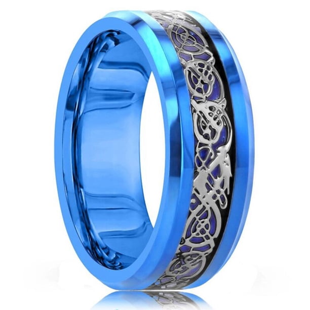 Anillo de carburo de tungsteno con borde biselado y ranura azul de 8MM para hombre, anillo de fibra de carbono azul con dragón celta negro, anillo de boda para hombre Tan Jianjun unisex