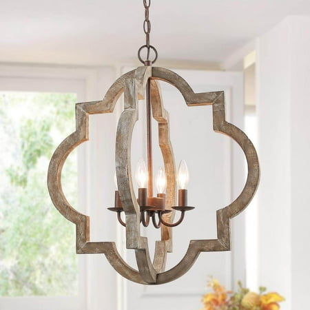 

LNC 4-Light 21.7-in W Handmade Distressed Wood Brown and Rust Bronze Farmhouse Lantern Chandelier for Kitchen Island Dining Room Bedroom Living Room