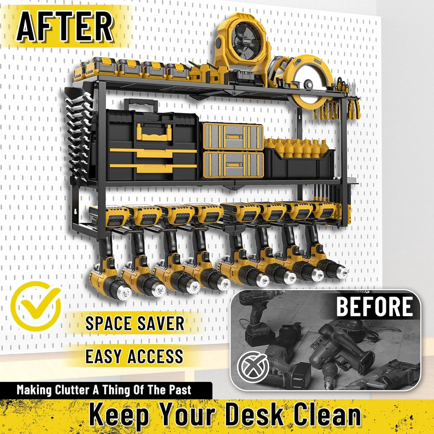 Heavy Duty 3-Tier Power Tool Organizer Wall Mount with 8 Drill Holders and Wrench Shelves for Garage Workshop Storage