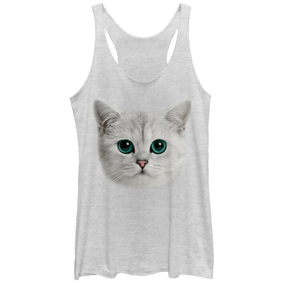 Women's Lost Gods Cat Stare  Racerback Tank Top White Heather Medium