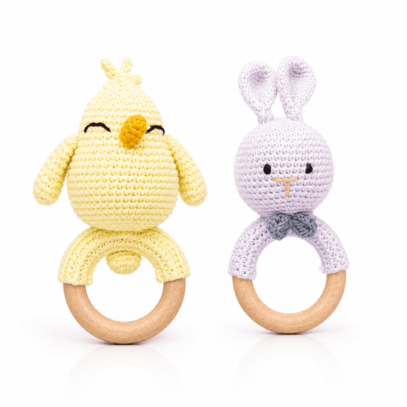 Handmade Crochet Animal Ring Toy Set, Knitted Chick and Bunny Character Collection with Wooden Grasp Rings, Decorative Nursery Gift Set