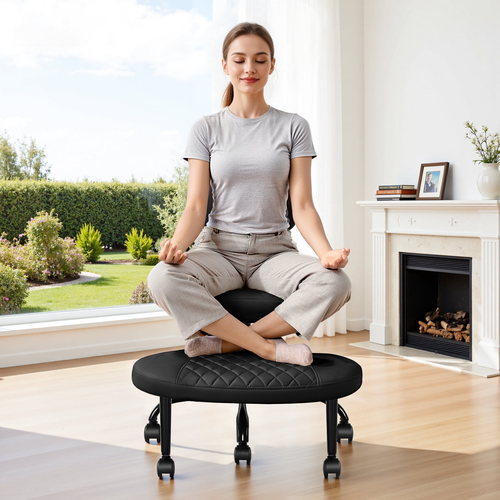 COOLHUT Cross Legged Chair, Ergonomic Adult ADHD Office Chair, Height Adjustable Yoga Office Chair, Meditation Chair with Lumbar Support, Home Office Kneeling Chair, Black