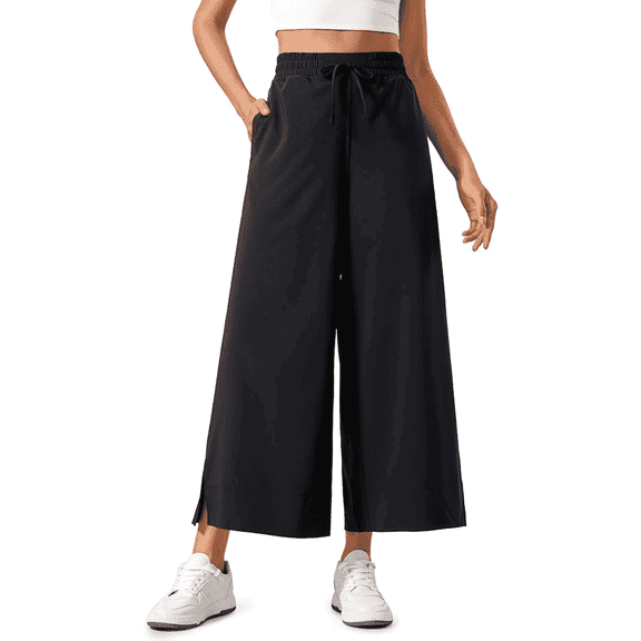 SOMER Wide Leg Pants for Women Cropped Sweatpants Flowy Palazzo Dresses Yoga Pants Athleisure Work Lounge Pants Comfy Casual with Drawstring Pocket Black