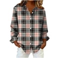 thumbnail image 3 of Women's Long Sleeve Plaid Print Button Up Shirt Tops Blouses Tunics Crewneck Loose Fit Flared Hem Solid Color Casual Work Office Vacation Outfits Fashion Essential Gift for Women, 3 of 8