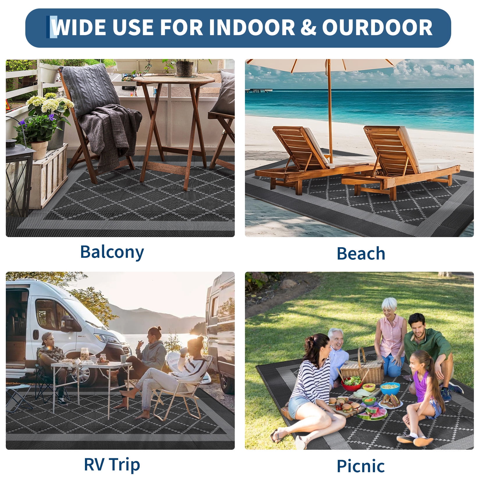 Garvee Outdoor Rug 9'x18' Waterproof Area Rug for Patios, Reversible Plastic Straw Rug Camping Carpet Mats for RV, Picnic, Backyard, Balcony, Porch, Beach, Black Gray