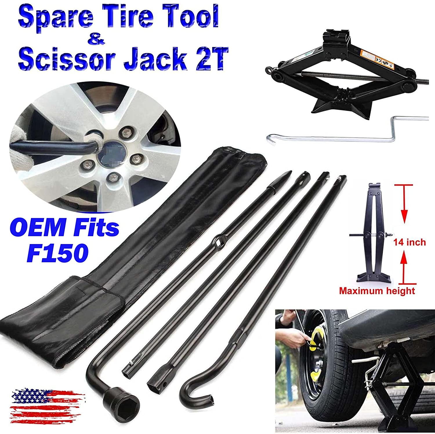 Spare Tire Tool Kit with Bag & Scissor Jack 2 Ton for 2004-2014 Ford F-150 to Loosen or Tighten Wheel Lug Nuts and Raise/Lower Spare Tire 