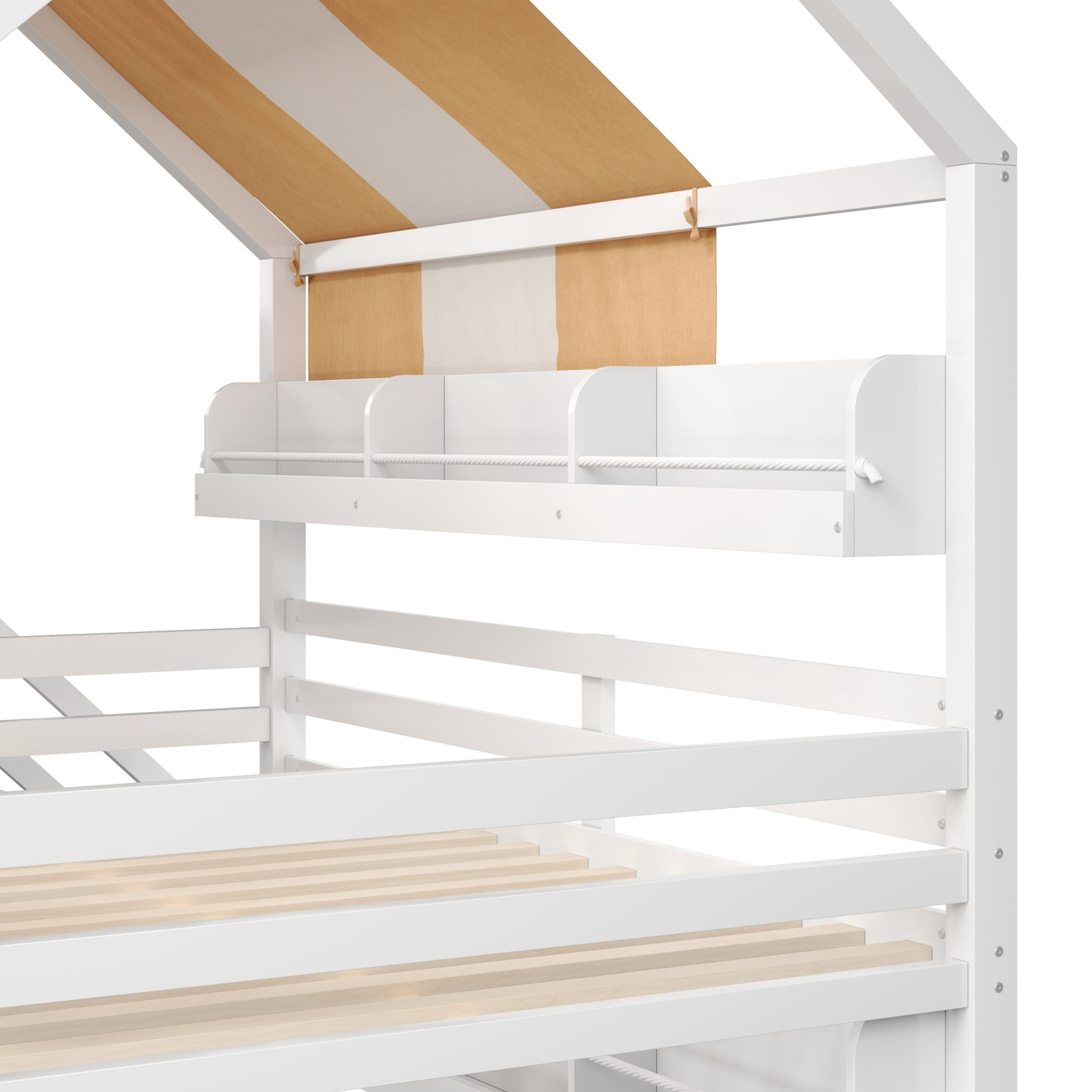 Noble House Odelia Full Size House Loft Bed with Slide and Canopy, Solid Wood Bed with Built-in Bookshelves, White