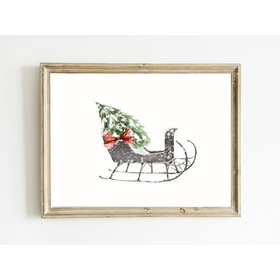 YaHaku Christmas Sleigh Poster | Christmas Tree Poster | Vintage Christmas Sleigh Poster | Winter Wall Art | Holiday Home Decor | Watercolor Christmas