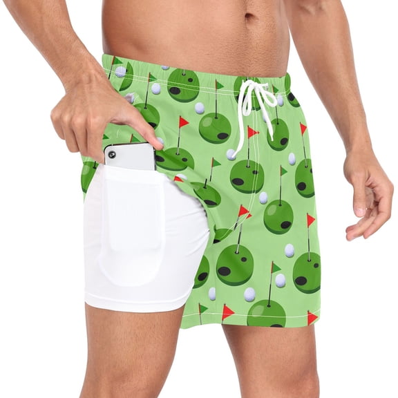 joogoo Men's Golf Ball and Flag Swim Trunks with Liner Pocket Beach Shorts L