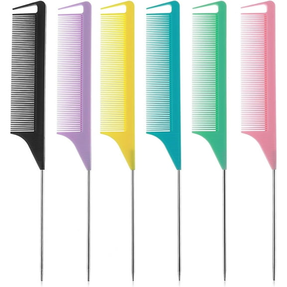 6Pcs Metal Rat Tail Combs Fine Tooth Rattail Comb Parting Combs with Stainless Steel Pintail for Braiding Hair Sectioning Teasing Styling(8.66 Inch)