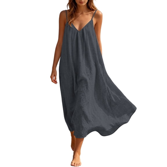 JIAYUE Women's Dress V Neck Spaghetti Strap Solid Color Linen Long Dresses Relaxed Fit Flowy Casual Sundress Sleeveless Vacation For Beach Holiday Daily Wear