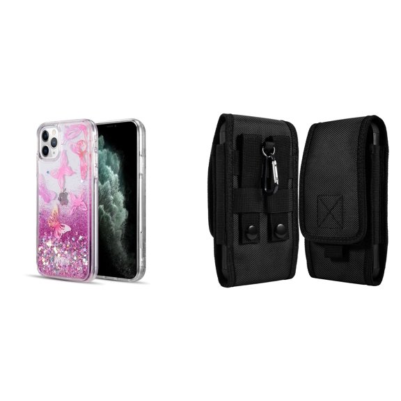 Liquid Glitter Case for iPhone 14 Pro Max and Belt Holster Pouch - Pink Butterfly