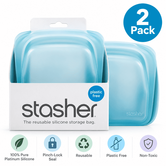 Stasher Reusable Non-Toxic Pinch-Lock Seal 100% Pure Platinum Silicone Pocket Bag, 2 Pack