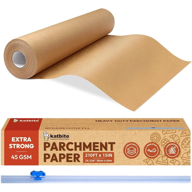 Katbite Rouleau de Papier Parchemin Non Blanchi, 15 Po x 210 Pi, 260 Pi2 Papier Cuisson, Papier Parchemin Brun pour Cuisson, Friteuse à Air Chaud, Cuisson à la Vapeur, Pain, Biscuits